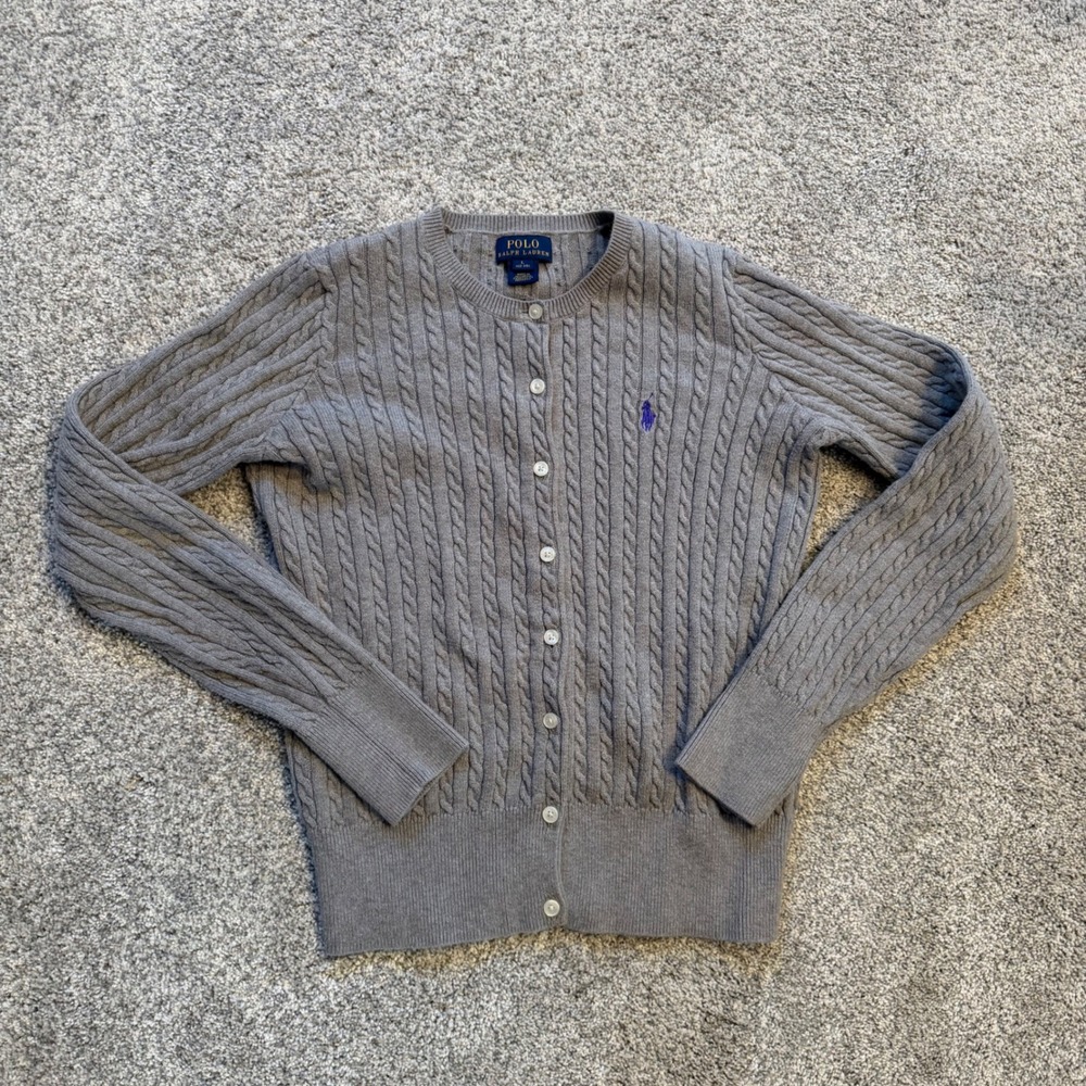 Polo Ralph Lauren Girls Large 12-14 Grey Cable Knit Button Cardigan Purple Pony